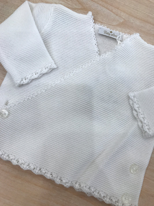 Cardigan Baby Lord in filo bianco ad incrocio smerlato