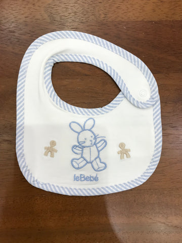 Bavetta Le Bebè in cotone con profilo a righe bianco e celeste con coniglio al centro