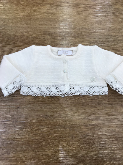 Cardigan Paz Rodriguez in lana panna lavorato con pois in rilievo e pizzo applicato ai bordi
