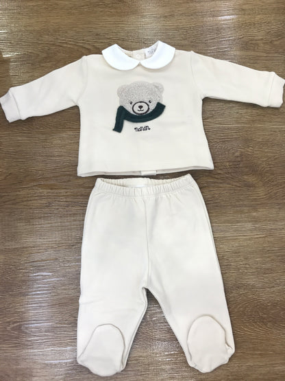 Tutina Nanan due pezzi in caldo cotone beige con piedini con collo bianco tondo con orsetto sul davanti