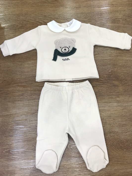 Tutina Nanan due pezzi in caldo cotone beige con piedini con collo bianco tondo con orsetto sul davanti
