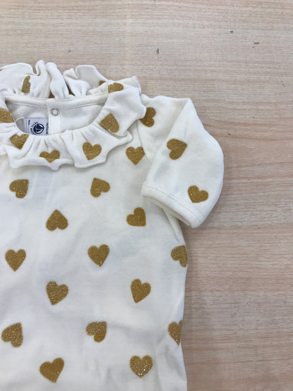 Tutina Petit Bateau in ciniglia panna con piccoli cuori dorati brillantinati con rusche la collo