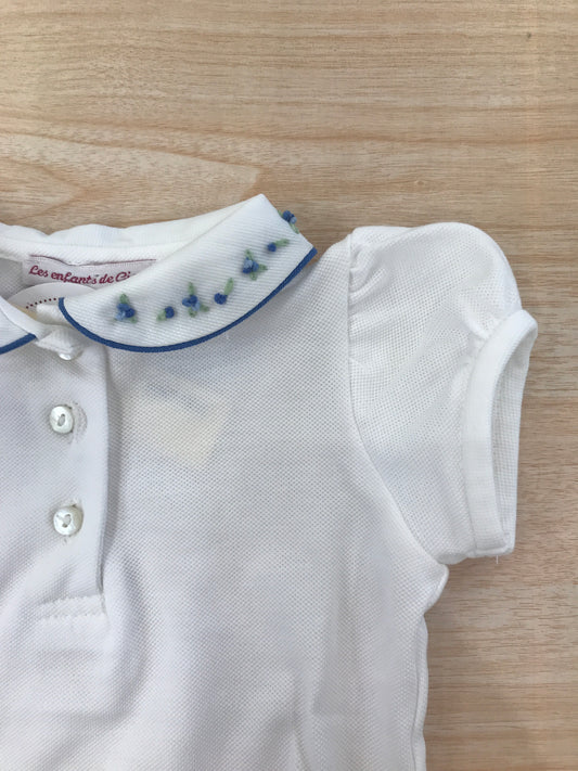 T-Shirt Les Enfants de Gisele in cotone mezza manica a sbuffo con colletto dal profilo blu con roselline ricamate su di esso