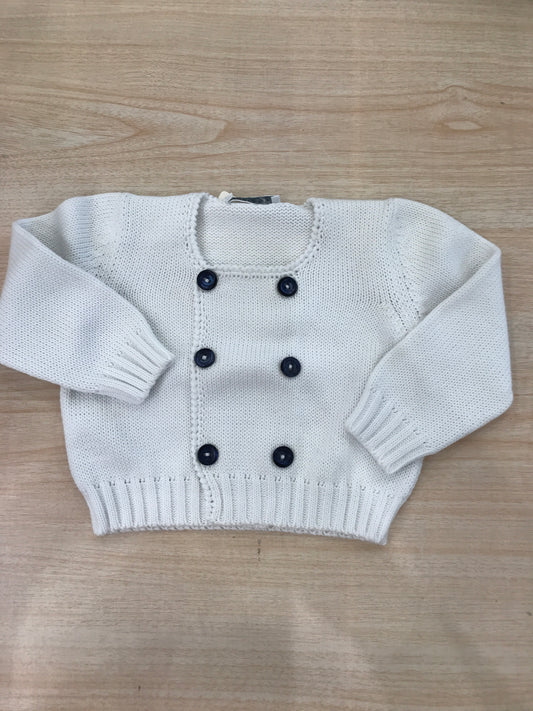 Cardigan Colibrì in filo bianco doppio petto con bottoncini blu