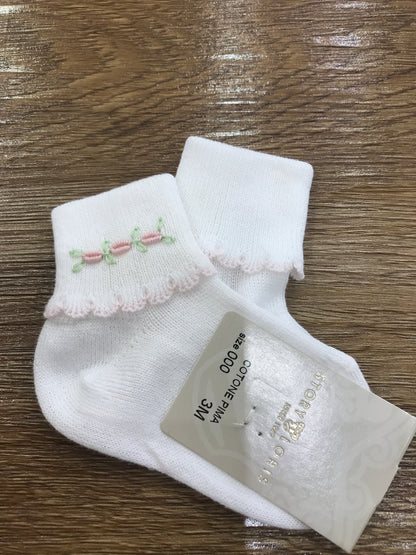 Calzini Story Loris bianchi di caldo cotone con smerlo rosa e roselline ricamate