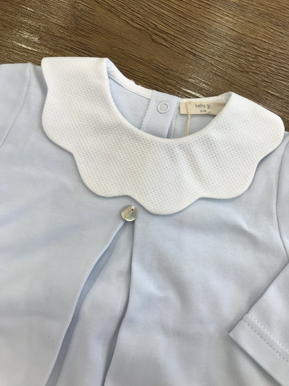 Tutina Baby Gi in cotone intera celeste con collo smerlato bianco in piquet