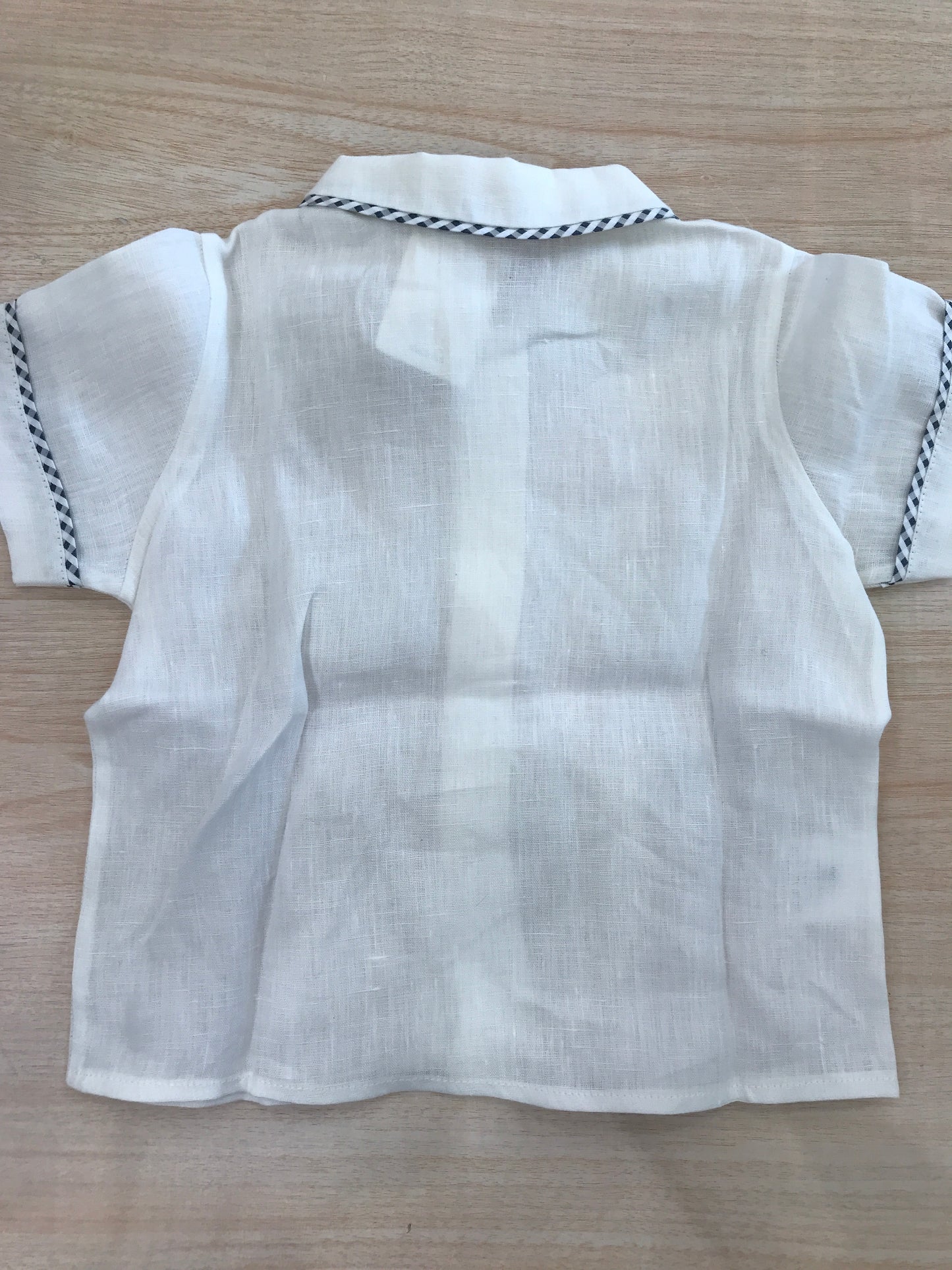 Camicia Colibrì in lino mezza manica con rifiniture a quadretti blu scuro