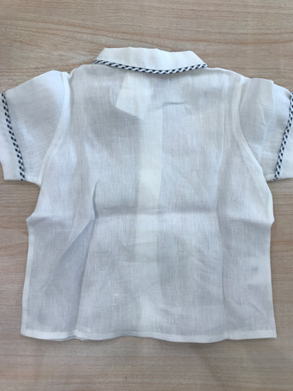 Camicia Colibrì in lino mezza manica con rifiniture a quadretti blu scuro