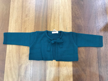 Cardigan Baby Lord in  lana verde scuro con fiocchetto centrale