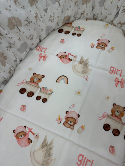 Mussola Nannafrufrù in cotone di bamboo fondo panna con piccoli animaletti e decori rosa
