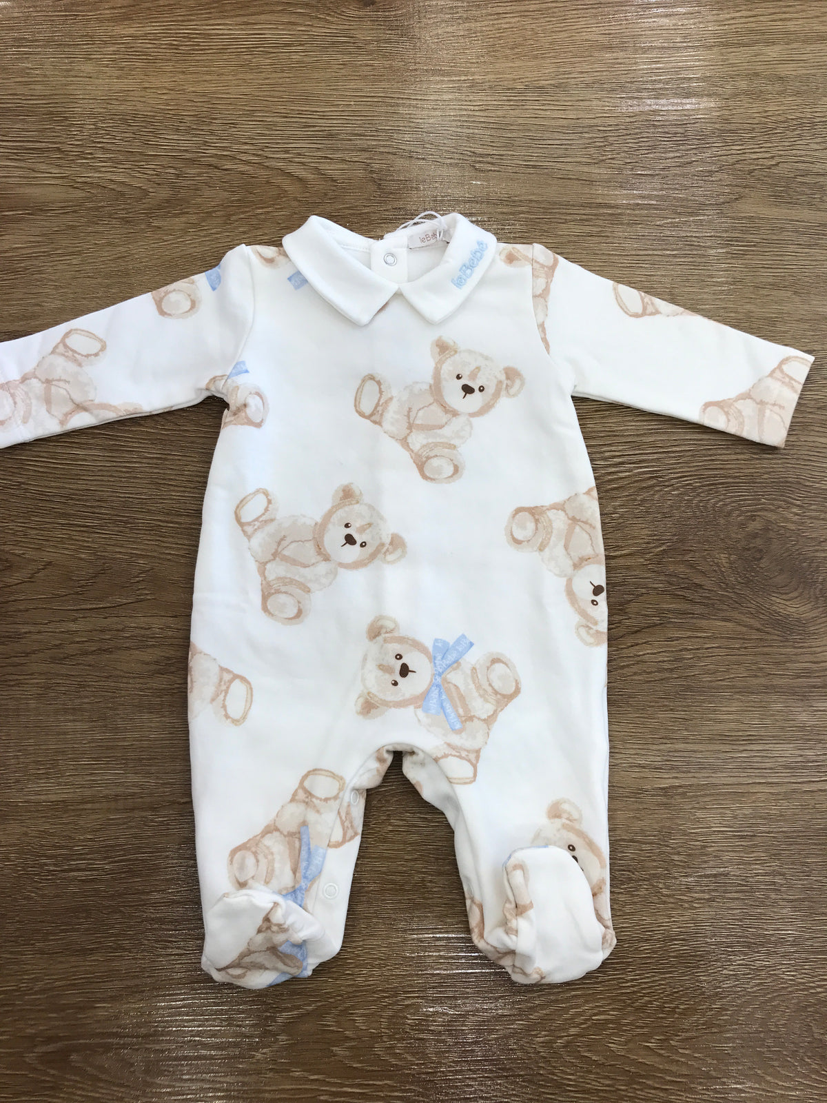 Tutina Le Bebè in caldo cotone intera panna con piccoli orsetti beige con dettagli celesti