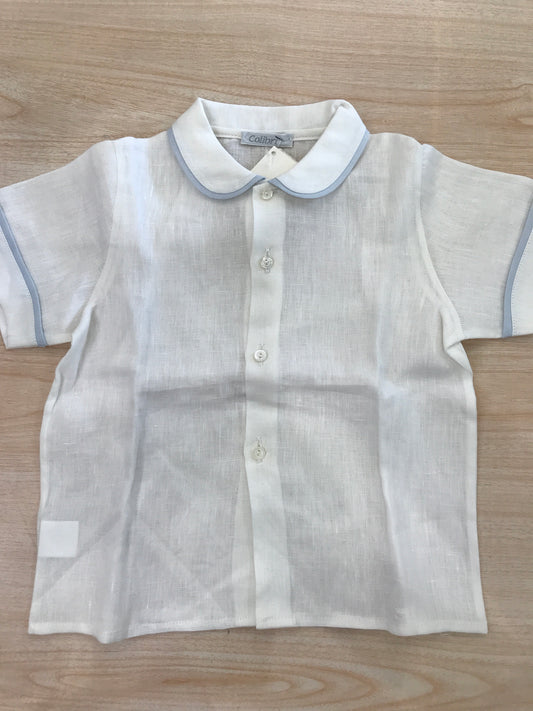 Camicia Colibrì in lino mezza manica con profilo celeste con bottoncini sul davanti