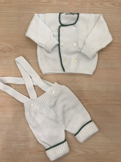Completo Colibrì in filo di cotone salopette con profilo verde con cardigan doppio petto con profilo verde