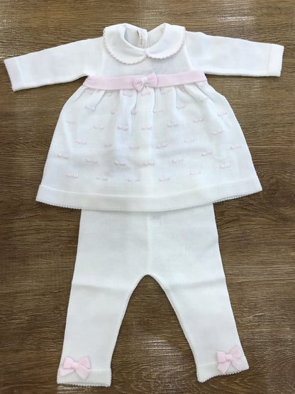 Completo Baby Lord in filo bianco con fiocchetti rosa due pezzi