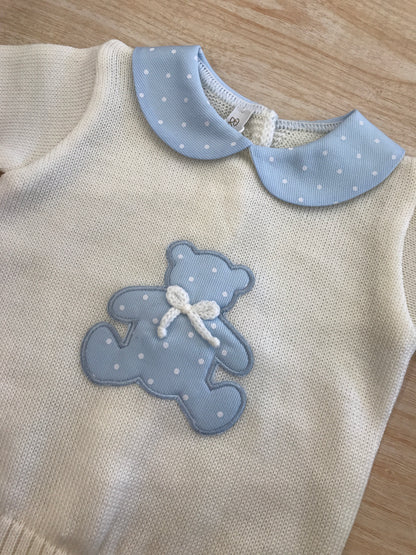 Tutina Baby Lord in lana due pezzi panna con colletto a pois ed orsetto centrale con pois bianchi