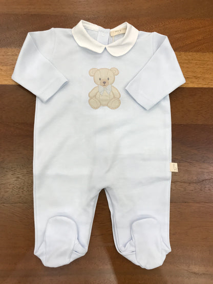Tutina Baby Gi in cotone celeste manica lunga gamba lunga con piedini con orsetto ricamato al centro