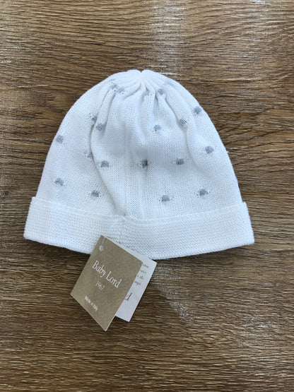 Cappello Baby Lord in filo bianco con pois grigi