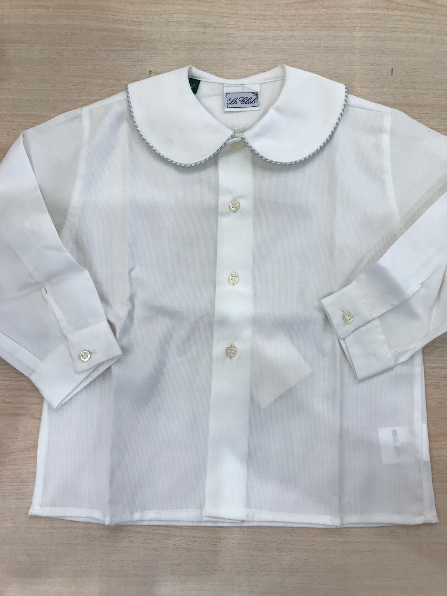 Camicia Le Club in cotone bianca manica lunga lunga con bottoncini sul davanti colletto tondo rifinito con celeste