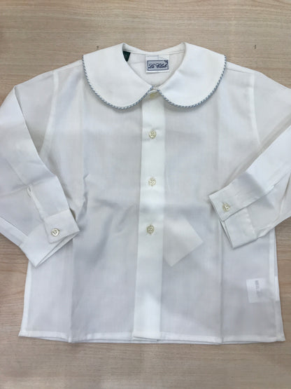 Camicia Le Club in cotone bianca manica lunga lunga con bottoncini sul davanti colletto tondo rifinito con celeste