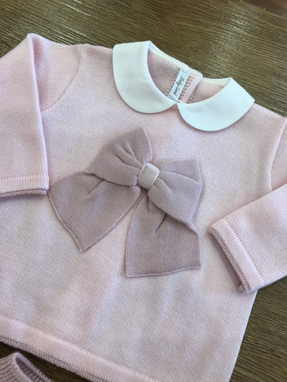 Completo Baby Lord in lana due pezzi rosa e rosa antico con fiocco centrale e gonna plissettata