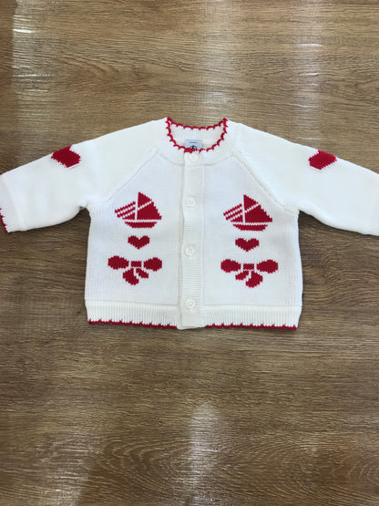 Cardigan Petit Bateau manica lunga smerlato in rosso con piccoli cuoricini fiocchetti e barchette ricamate