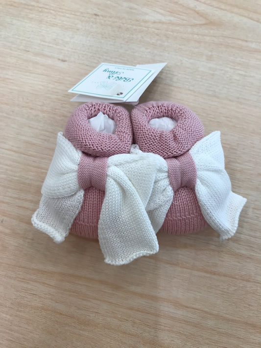 Babbucce Bebè di Almy in filo rosa antico con fiocco bianco