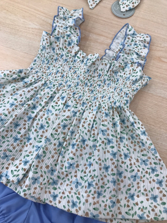 Completo Belan due pezzi casacca con bretelle a fiori con rusche sul corpetto con culotte abbinata