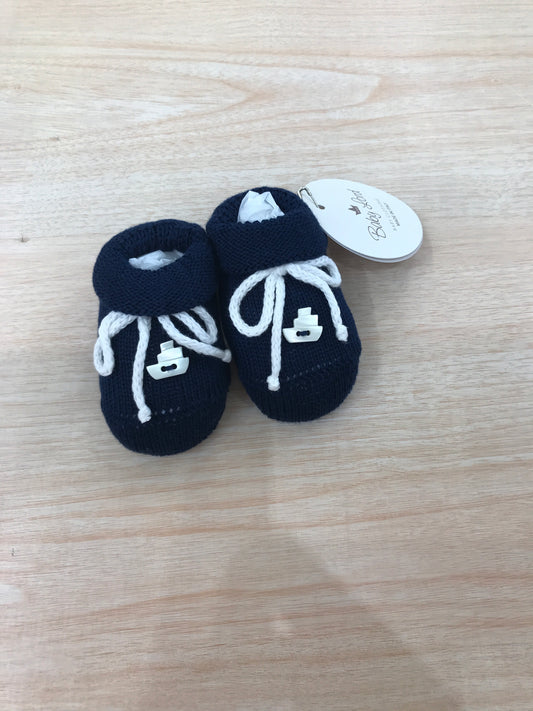 Babbucce Baby Lord in filo blu scuro con fiocchetto bianco e nave applicata sul davanti