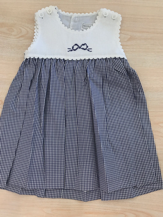 Abito Nicoletta Fanna in cotone a quadretti bianchi e blu con corpetto bianco con fiocco smanicato