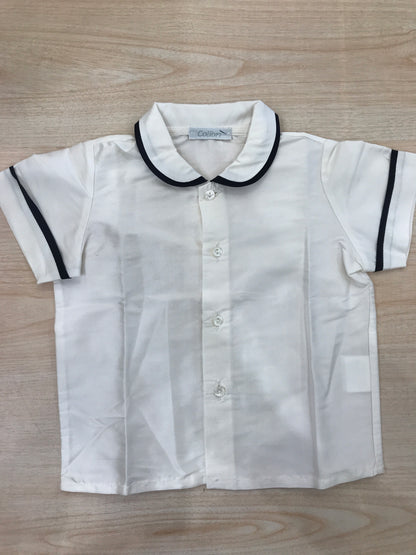 Camicia Colibrì in saten avorio mezza manica con rifiniture blu scuro con colletto tondo