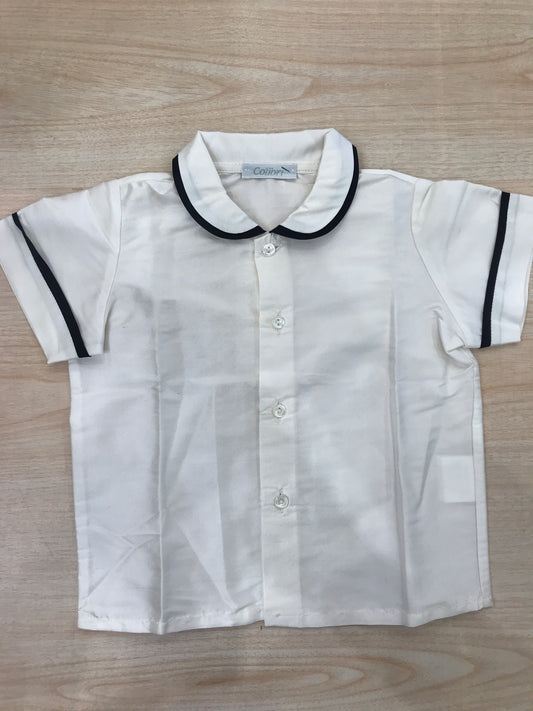 Camicia Colibrì in saten avorio mezza manica con rifiniture blu scuro con colletto tondo