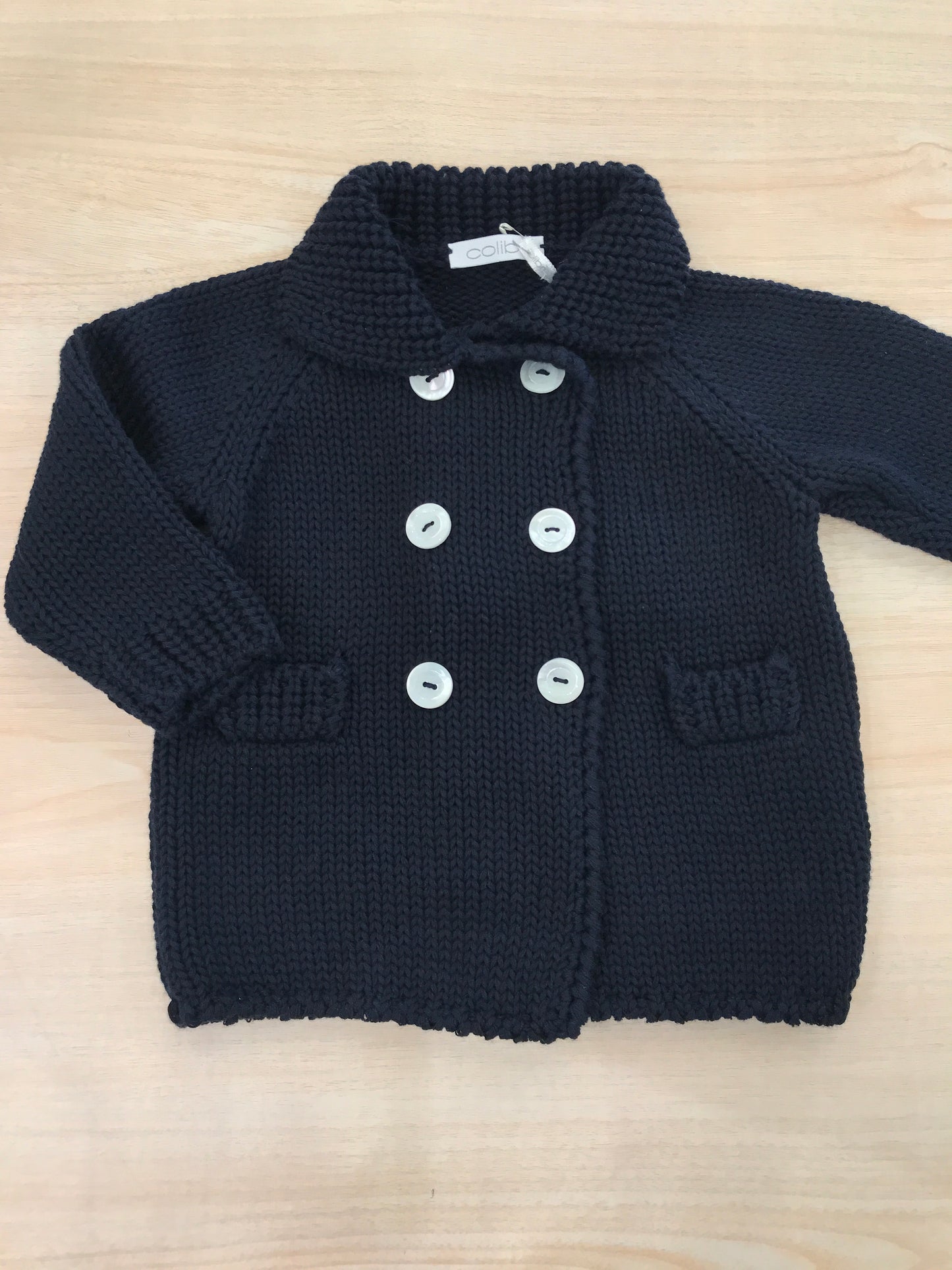 Cappotto Colibrì in filo blu scuro doppio petto con piccole tasche