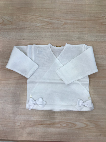 Cardigan Baby Lord in filo bianco ad incrocio con fiocchetti