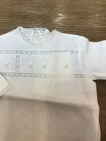 Camicino Piccola Giuggiola in lino manica lungo con applicazione di valancienne e piccoli fiorellini