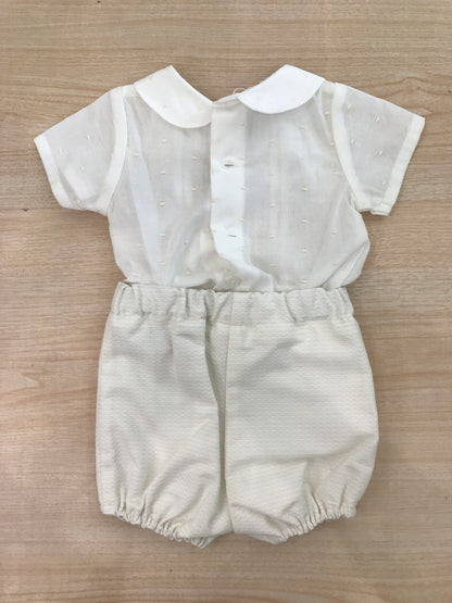 Completo Paz Rodriguez in cotone camicia mezza manica con pois in rilievo panna con pantalone corto rigato panna