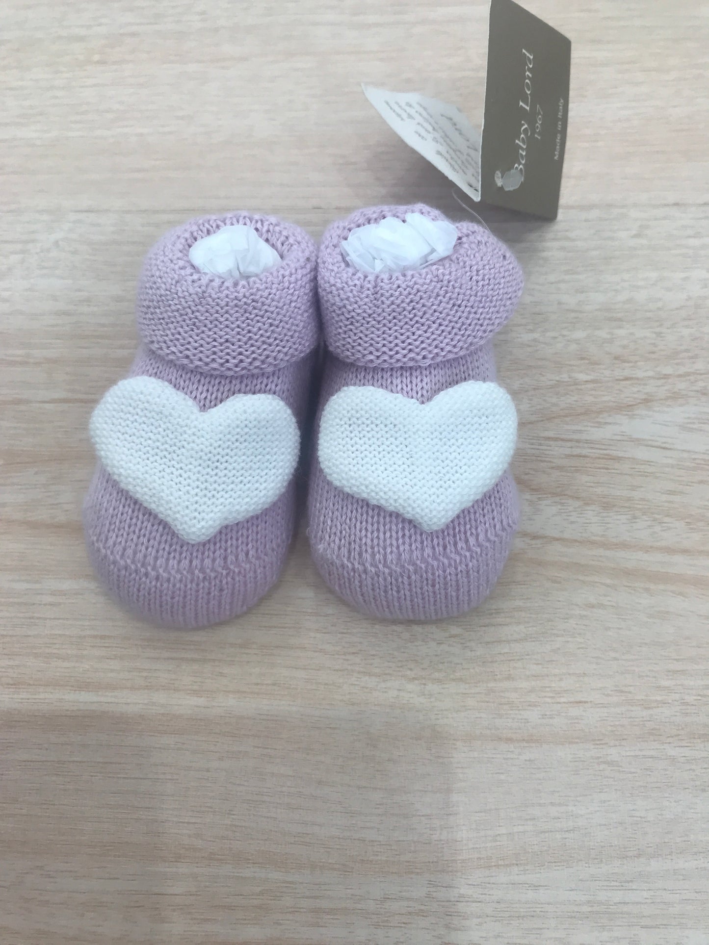 Babbucce Baby Lord in filo glicine con cuore bianco