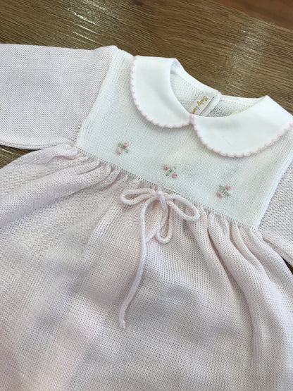 Tutina Baby Lord in filo due pezzi rosa con roselline ricamate