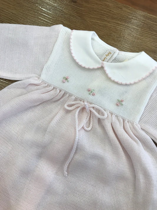 Tutina Baby Lord in filo due pezzi rosa con roselline ricamate