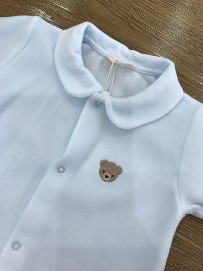 Tutina Baby Gi in ciniglia intera celeste con orsetto ricamato sul davanti