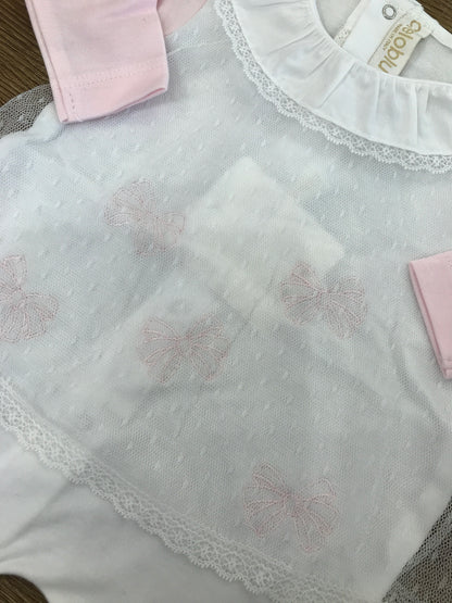 Tutina Cielo Blu intera bianca con fiocchetti rosa e velo in tulle