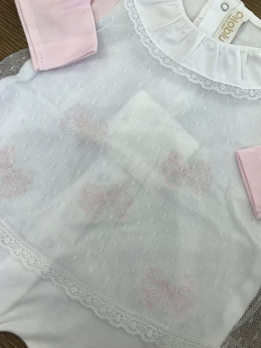 Tutina Cielo Blu intera bianca con fiocchetti rosa e velo in tulle