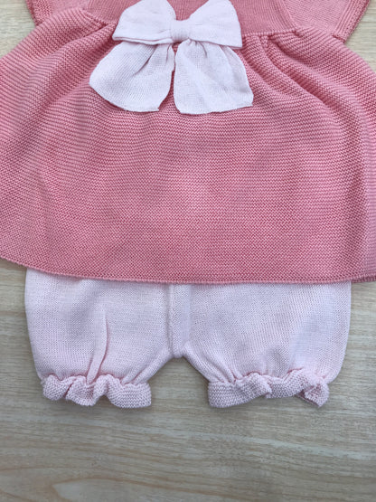 Completo Baby Lord in filo due pezzi corallo e rosa mezza manica con fiocco centrale rosa