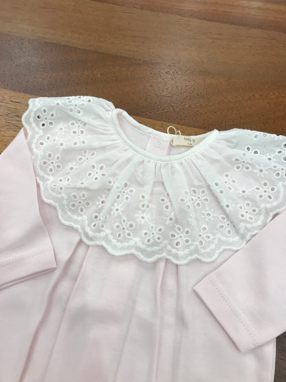 Tutina Baby Gi in cotone manica lunga gamba lunga con collo in san gallo smerlato