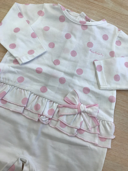 Tutina Nanan in cotone manica lunga gamba lunga a pois rosa con rusche e fiocchetto