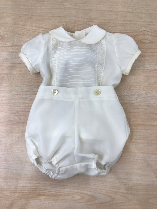 Pagliaccetto Belan in cotone con organza mezza manica a sbuffo con righe sul davanti e ai lati applicazioni in pizzo