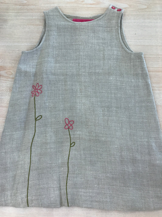 Abito Bonpoint in lino smanicato dal colore tortora con fiori colorati ricamati in basso