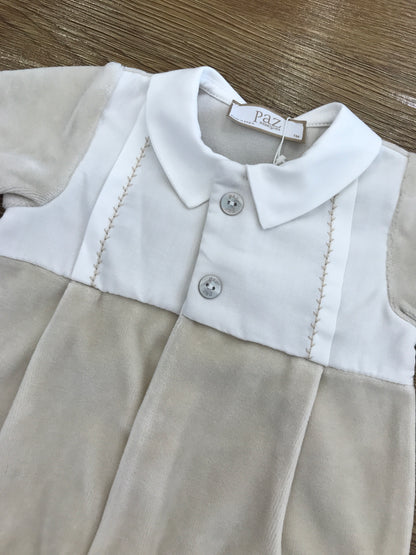 Tutina Paz Rodriguez intera in ciniglia beige con corpetto decorato da finta camicia con ricami