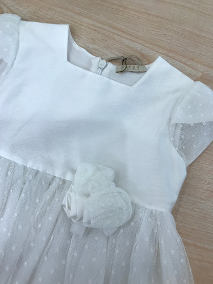 Abito Safer in tulle e cotone con pois bianchi con manica velata e fiori sul davanti