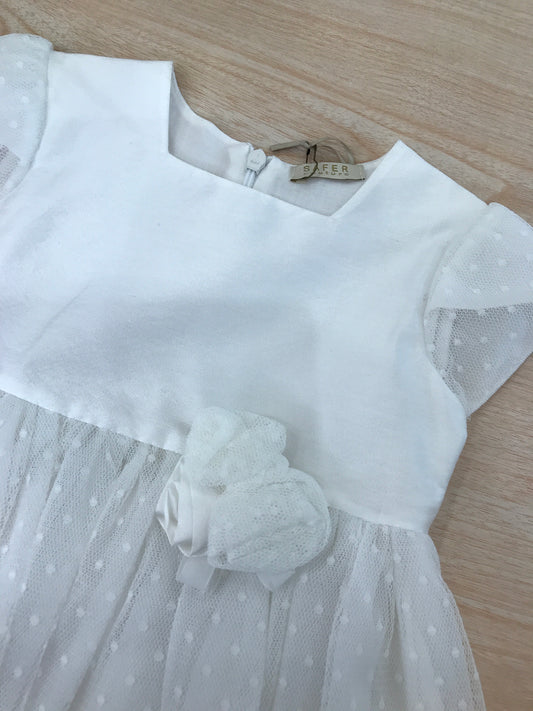 Abito Safer in tulle e cotone con pois bianchi con manica velata e fiori sul davanti