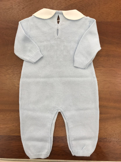 Tutina Baby Lord in filo manica lunga celeste con lavorazione di punto smock bianco sul petto